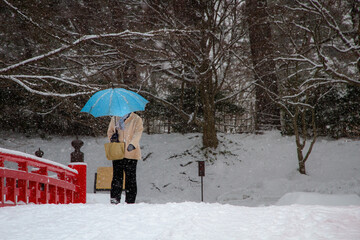 Asian, Japanese woman wear overcoat with blue umbrella is walking across the red color bridge in the park which ground covered by white snow while snow is falling in the cold winter of Japan.