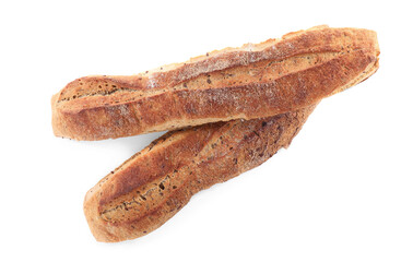 Tasty buckwheat baguettes on white background, top view. Fresh bread