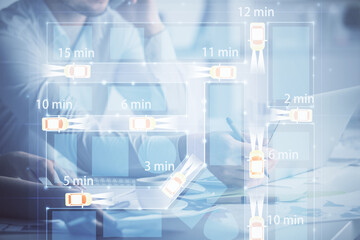 Double exposure of man and woman working together and a car hologram drawing. Autopilot concept. Computer background.