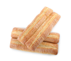 Tasty baguettes on white background, top view. Fresh bread