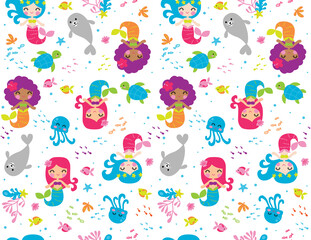 Super sweet vector illustration of cute mermaid friends and underwater wildlife. These pretty mermaids are arranged in a seamless pattern. Vector patterns are great for surface designs.