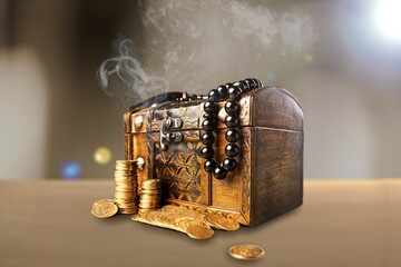 open old wooden chest, many treasures and money, pirate treasure