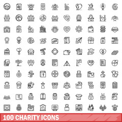 100 charity icons set. Outline illustration of 100 charity icons vector set isolated on white background