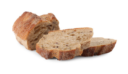 Pieces of fresh buckwheat baguette on white background