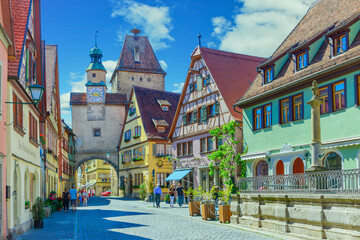 Fototapeta premium Medieval City of Rothenburg ob der Tauber, Roedergasse und Markusturm, Germany