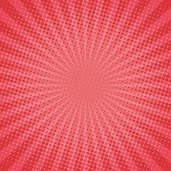 Red pink halftone dots vintage rays starburst holiday comic book pop art background texture.