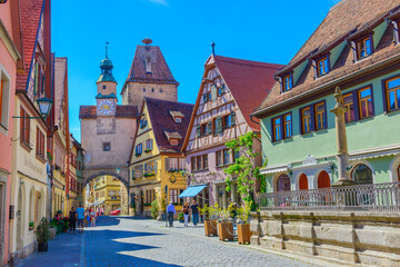 Medieval City of Rothenburg ob der Tauber, Roedergasse und Markusturm, Germany