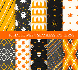 Ten Halloween different seamless patterns. Endless texture for wallpaper, web page background, wrapping paper and etc. Smiling pumpkins and ghosts, skulls, bones, leaves and lines