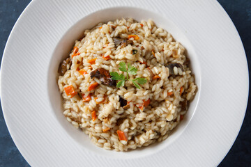 Risotto, Italian rice with mushrooms, vegetables and parsley served on white porcelain plate