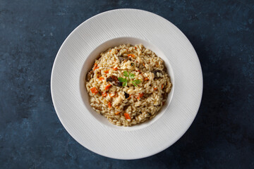 Risotto, Italian rice with mushrooms, vegetables and parsley served on white porcelain plate