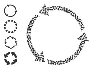 Circle composition recycle. Vector mosaic is based on recycle icon, and made of scattered circle elements. Vector icon of recycle created of irregular round dots.