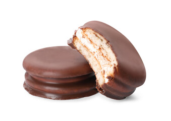 Delicious choco pies on white background. Classic snack cakes