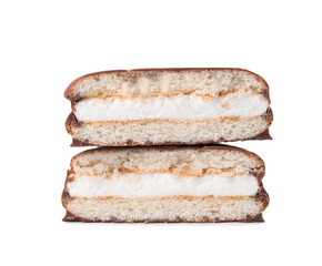 Halves of delicious choco pie isolated on white
