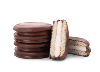 Delicious choco pies on white background. Classic snack cakes