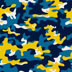 
Vector blue camouflage pattern, yellow spots, vector illustration, trendy print.