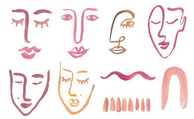 Set of minimalistic female faces, gouache line elements. Hand draw geometric illustration