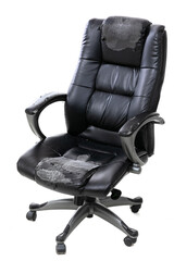 black office chair with shabby seat on white background