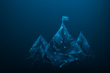 business route to success low poly wireframe. flag on the top mountain. vector illustration futuristic. successful mission. goal and achievement concept. consisting of points, lines, and triangle.