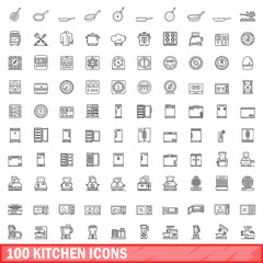 100 kitchen icons set. Outline illustration of 100 kitchen icons vector set isolated on white background