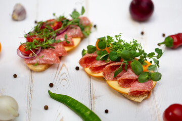 Fototapeta na wymiar Sandwiches with sausage, cheese and micro-greens on a white background