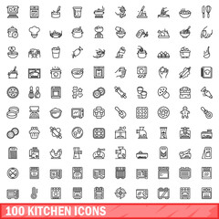 100 kitchen icons set. Outline illustration of 100 kitchen icons vector set isolated on white background