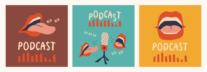 Set of cover template for podcast show or channel. Open speaking mouth with red lips, studio microphone, equalizer. Trend vector design. - obrazy, fototapety, plakaty
