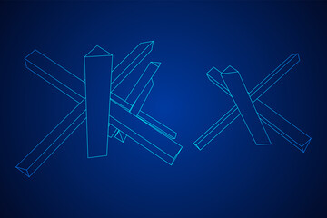 Hedgehog antitank defence. Wireframe low poly mesh vector illustration.
