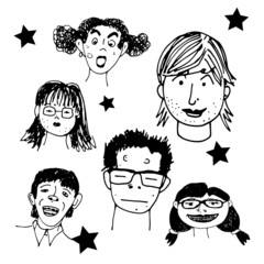 vector doodles black and white faces young people