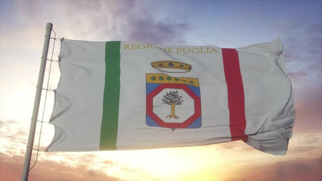 Apulia region flag, Italy, waving in the wind, sky and sun background