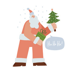 Vector greeting card with Santa Claus holding gift box and fir tree. Trendy character with small head for poster, web banner or social media. Flat vector illustration with lettering phrase hohoho