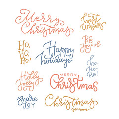 Merry Christmas hand drawn lettering set. Happy Holidays. Linear Typography collection. Vector momoline logo, emblems, text design. Usable for banners, greeting cards, gifts