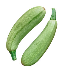Two fresh green zucchini isolated on white background