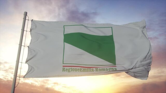 Emilia-Romagna flag, Italy, waving in the wind, sky and sun background
