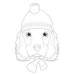 Christmas greeting card for coloring. English Cocker Spaniel dog wearing a woolen cap for winter