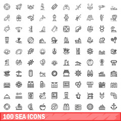 100 sea icons set. Outline illustration of 100 sea icons vector set isolated on white background