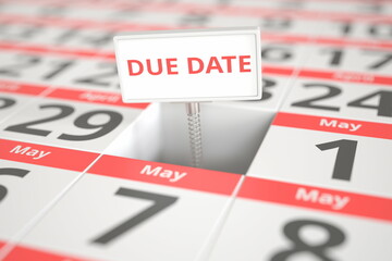 DUE DATE sign on April 30 in a calendar, 3d rendering