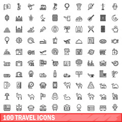 100 travel icons set. Outline illustration of 100 travel icons vector set isolated on white background