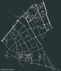 Detailed negative navigation urban street roads map on dark gray background of the quarter Südstadt sub-district of the German capital city of Bonn, Germany