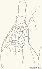 Detailed navigation urban street roads map on vintage beige background of the quarter Ückesdorf sub-district of the German capital city of Bonn, Germany