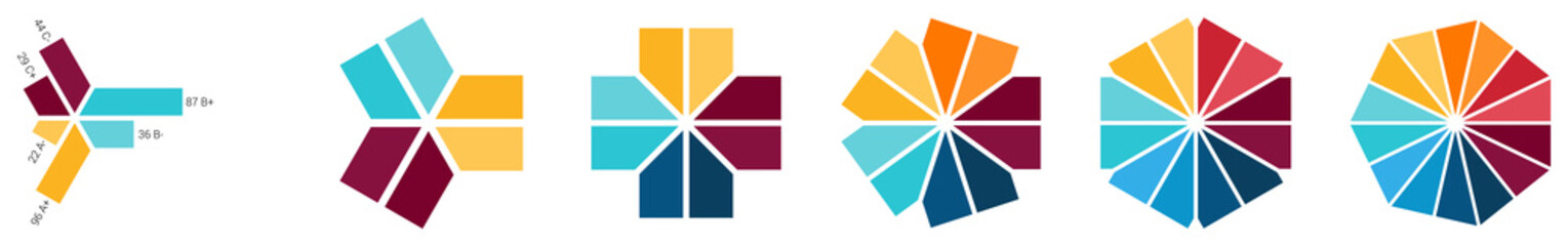Obraz premium Rectangles divided into two parts connected in centre arranged to form symmetrical shape, can be used as infographics element, version with three to eight segments