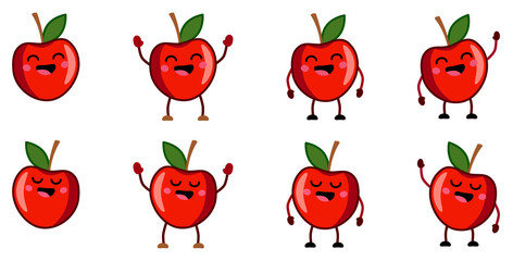 Cute kawaii style red apple fruit icon, eyes closed, smiling mouth open. Version with hands raised, down and waving