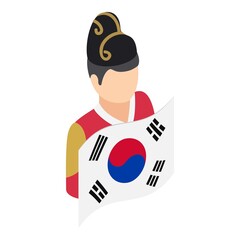 Korean guy icon isometric vector. Man in national costume with country flag. Korean traditional clothing, culture, folklore