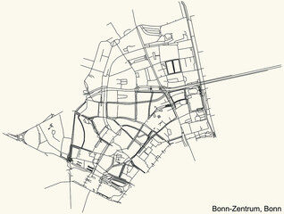 Detailed navigation urban street roads map on vintage beige background of the quarter Bonn-Zentrum sub-district of the German capital city of Bonn, Germany