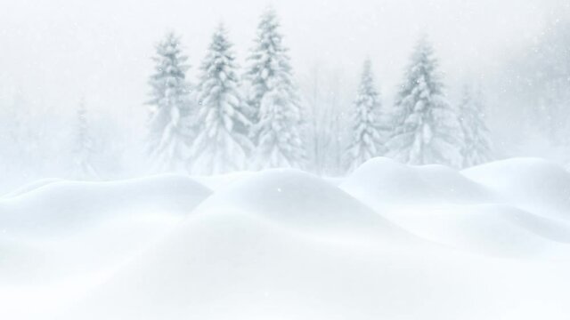 Beautiful snowy blurred winter landscape holiday greeting card concept background.