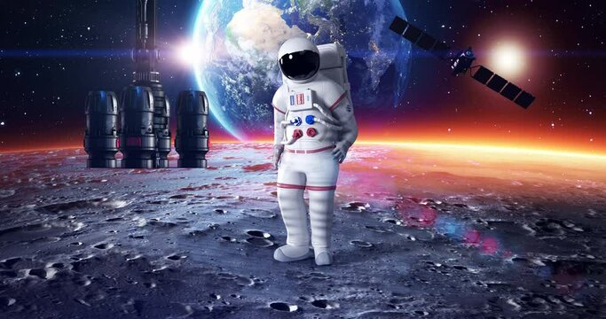 An Astronaut Confused And Looking Around. Planet Earth On Background. Space And Technology Related 3D Animation.
