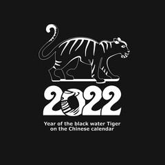 Year of the black water tiger 2022 on the Chinese Calendar. New Year greeting template. 2022 calligraphy and tiger. Vector Illustration.