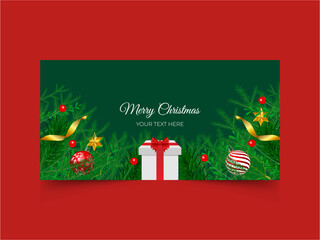 Merry Christmas sale banner template. with decorative Christmas balls. Christmas banner, Xmas sparkling lights garland with gifts box and golden tinsel, posters, cards, headers, website. Vector