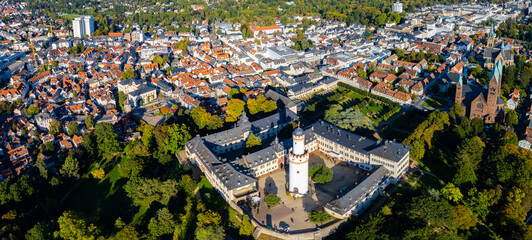 Aerial view around the old town of Bad Homburg in Germany on a sunny morning in late summer. - obrazy, fototapety, plakaty