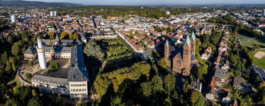 Aerial view around the old town of Bad Homburg in Germany on a sunny morning in late summer.