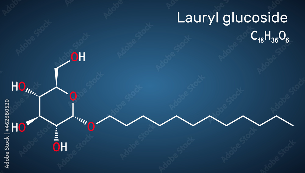 Sticker Lauryl glucoside, dodecyl glucoside molecule. It is non-ionic surfactant used in cosmetics and laundry detergents. Structural chemical formula on the dark blue background